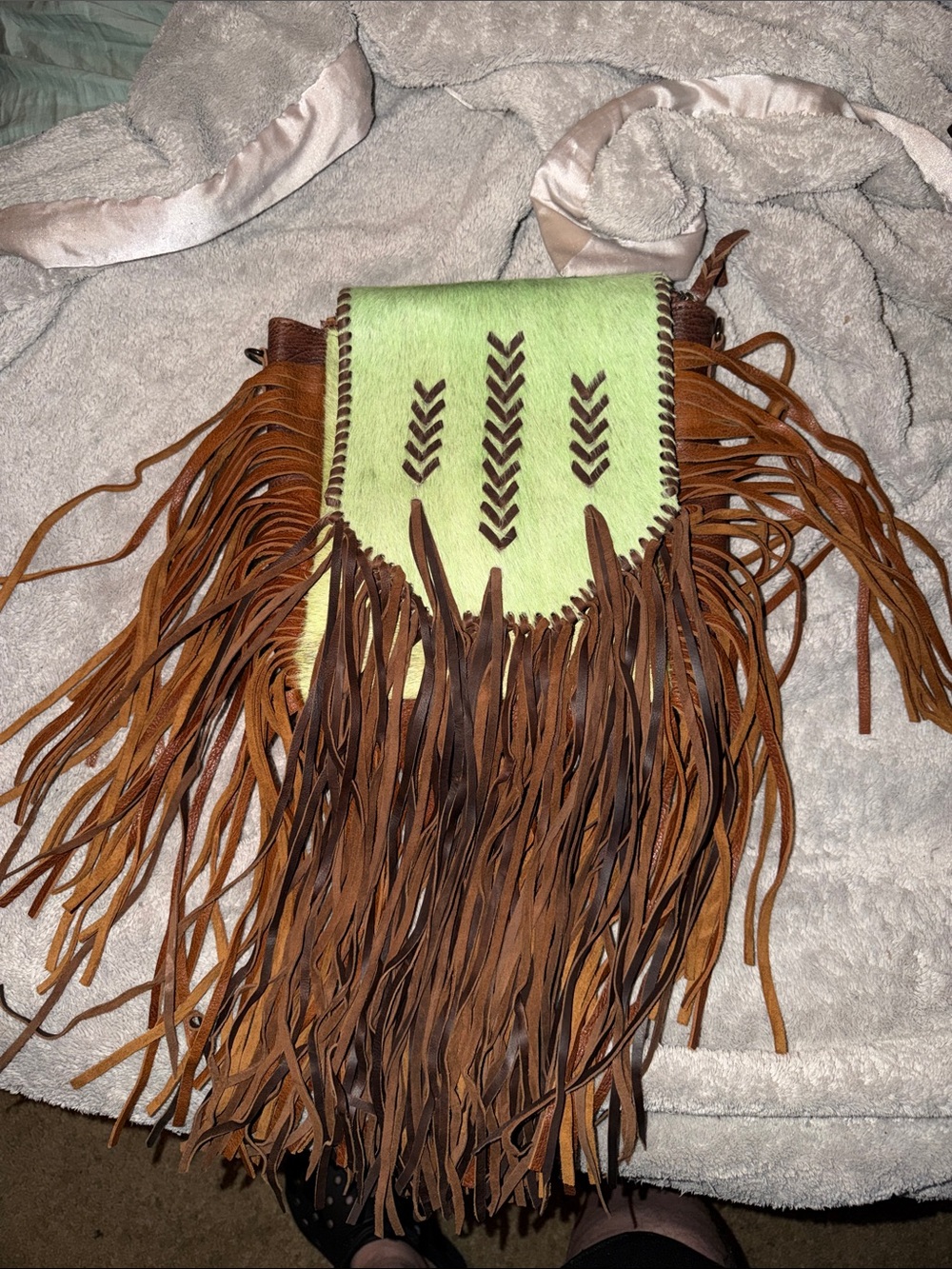 American Darling Mint and Brown Fringe Crossbody Bag
